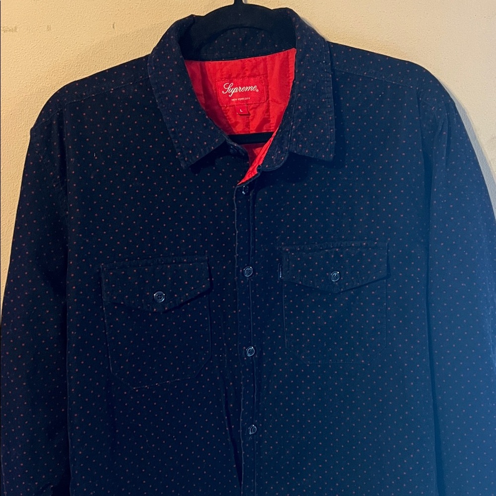 SUPREME QUILTED CORDUROY POLKA DOT SHIRT NAVY RED DOTS FW13 SIZE LARGE - Picture 2 of 12